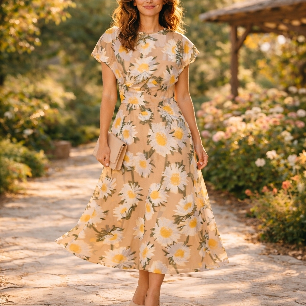 Lela Rose Sunflower Print Beige Midi Dress Boatneck Draped Bodice MSRP $1890 NWT - Picture 3 of 16